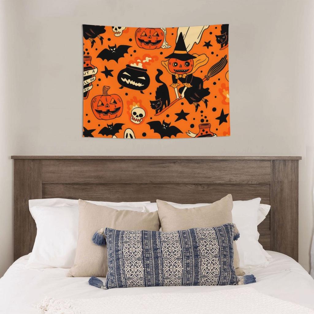 Happy Halloween Cartoon Tapestry Hippie Polyester Wall Hanging Cats Pumpkins Bats Wall Decor Yoga Mat Witchcraft Tapestries