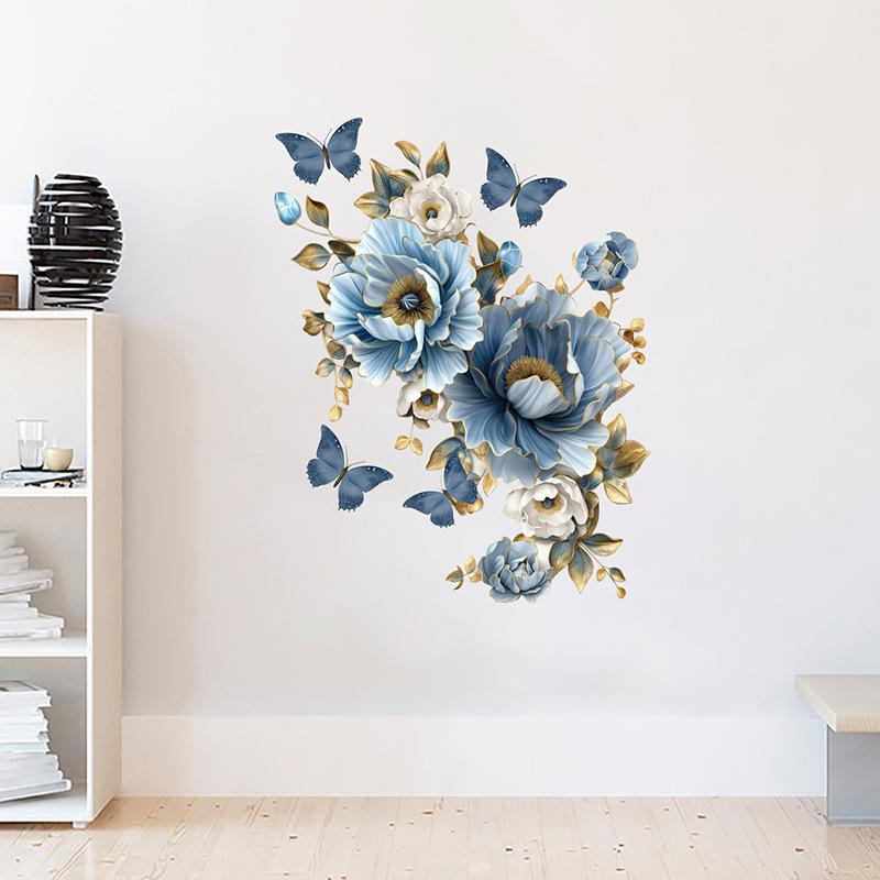 Blue Flower Butterfly Wall Sticker for Home Decor, Self-Adhesive Removable Decal for Living Room Bedroom Entrance