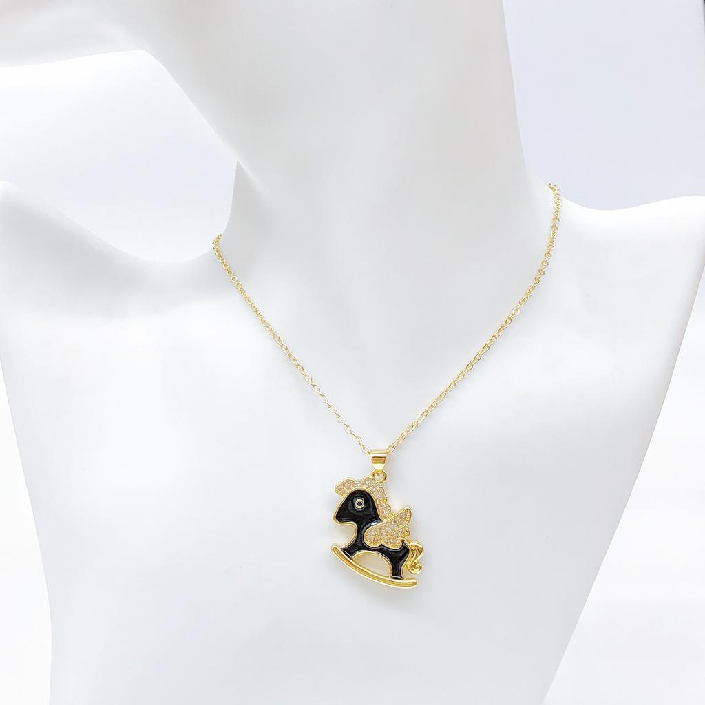 Gold Plated Cute Enamel Rocking Horse Pendant Necklace Zircon Winged Unicorn Necklace For Women Kids Party Birthday Jewelry Gift