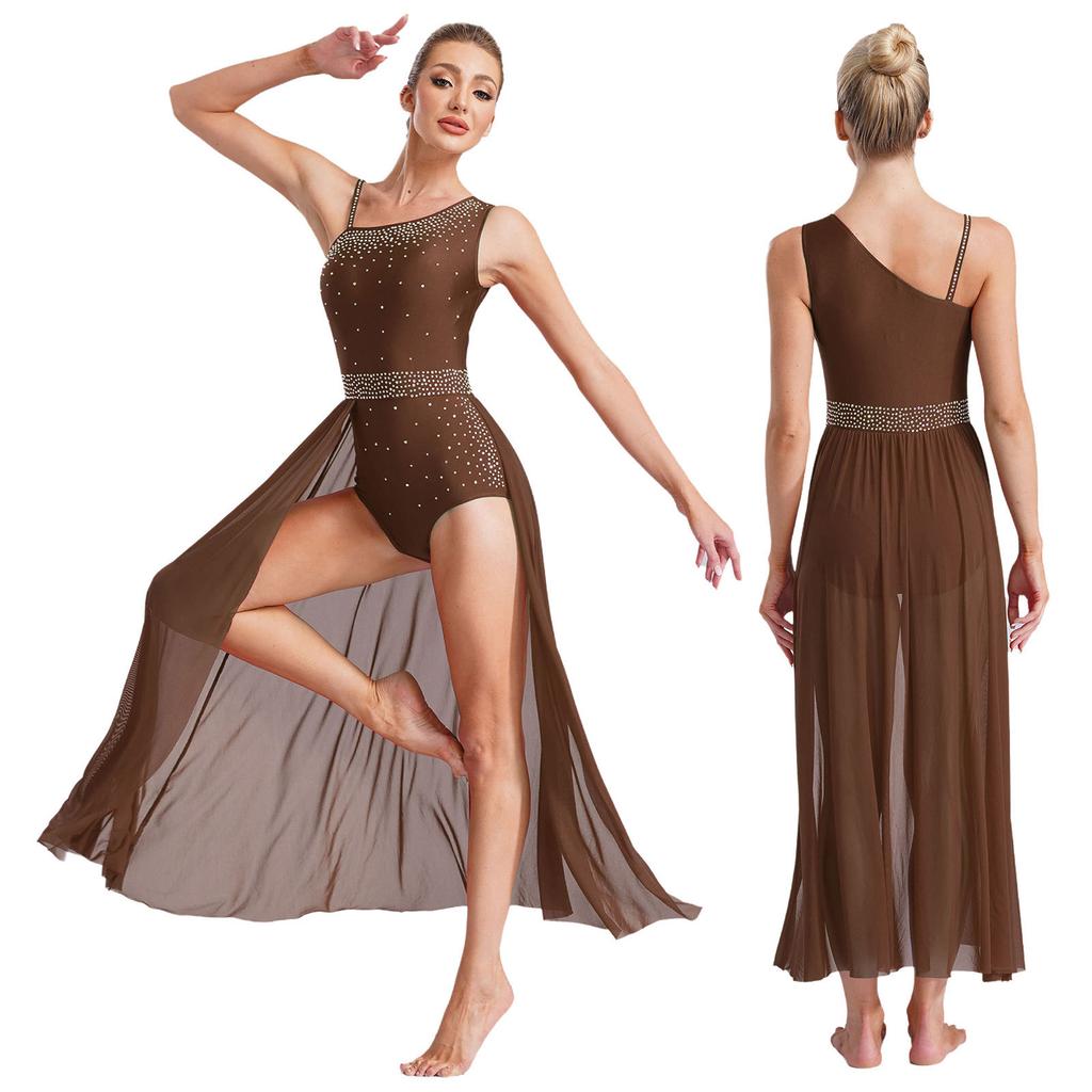 Прозрачное сетчатое платье для лирического танца женское без рукавов с высоким разрезом асимметричное плечо блестящие стразы