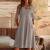 V-образный вырез однотонный хлопок лен карман средний рукав повседневные платья