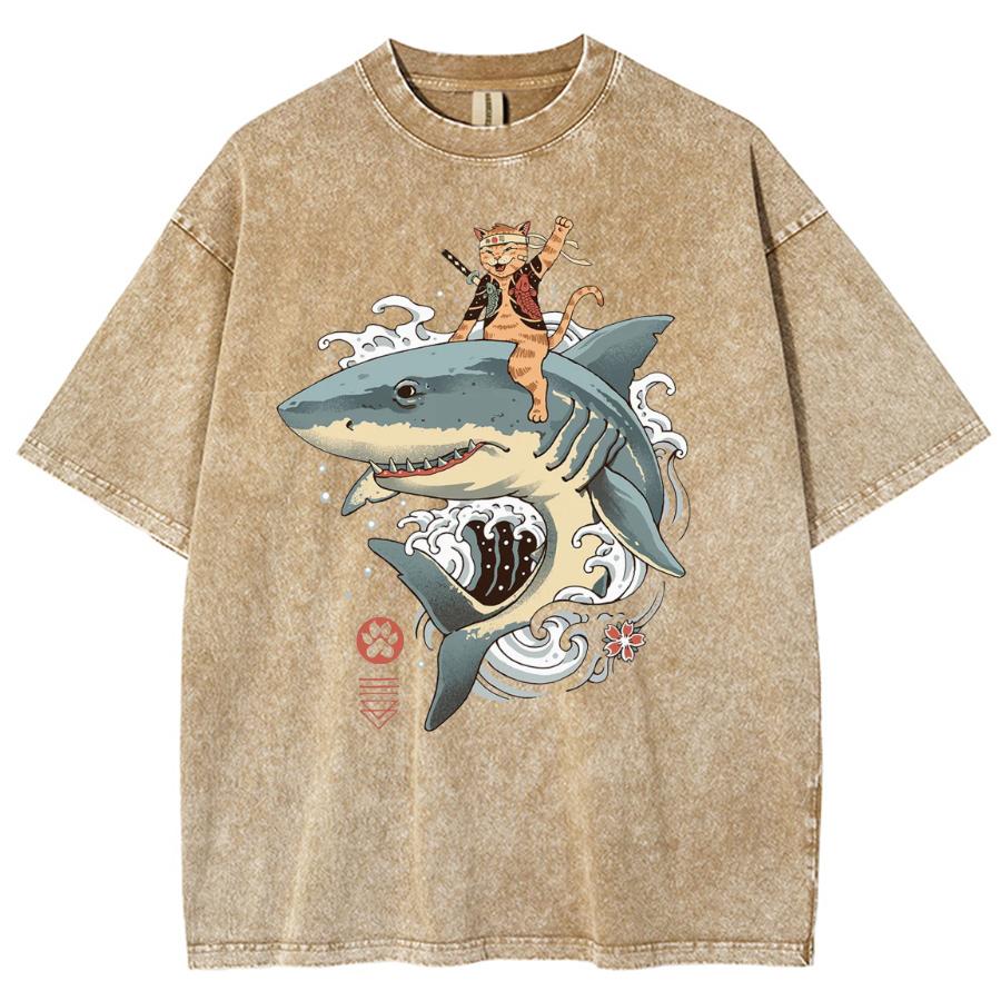 Женская футболка в японском стиле с рисунком акулы и потертым рисунком, стираная джинсовая ткань, свободный унисекс, короткий рукав, милый топ отаку