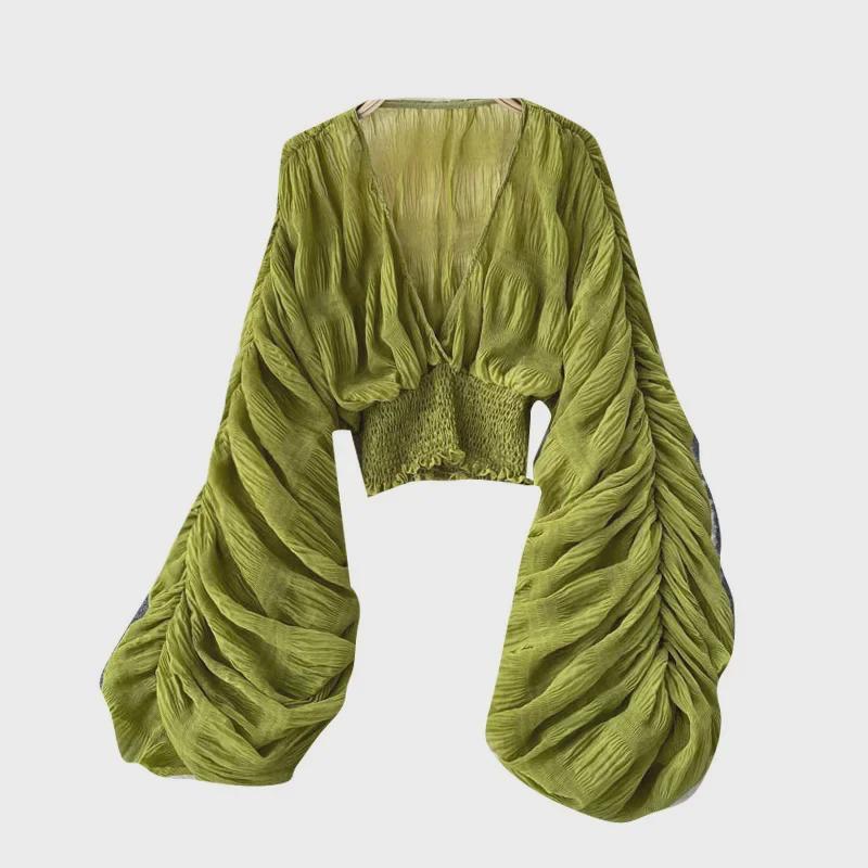 Женский шифоновый топ с рукавами-фонариками – европейский и американский дизайн, облегающий крой, модный и универсальный