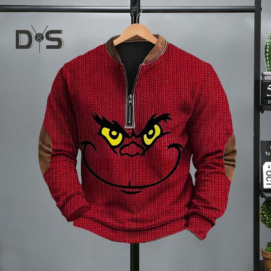 Весна Осень Мужской Топ На Молнии Полуоткрытый V-образный Вырез 3D Мультяшный Принт Лоскутные Рукава Плюс Размер Пуловер Свободный Спортивный Досуг Праздник Свитшот