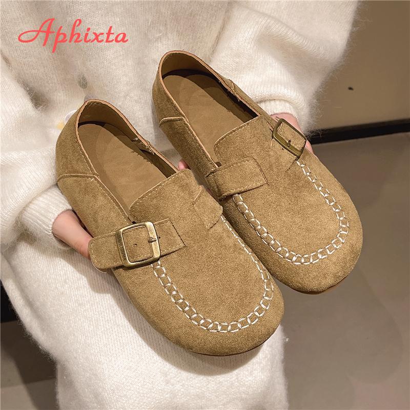 Fashion Aphixta Suede Upper Flat With Woman Loafers Shoes Sewing Design Slip On Ladies Shoes Khaki Round Toe Casual Shoes