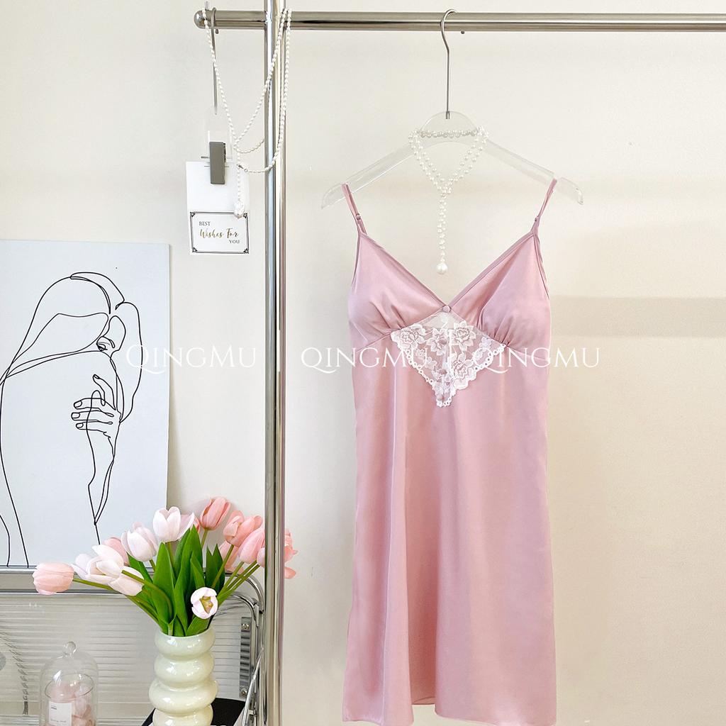 Spring/Summer sexy strap nightdress two-piece set with bra pads, private pure and alluring style women's loungewear ice silk nightwear