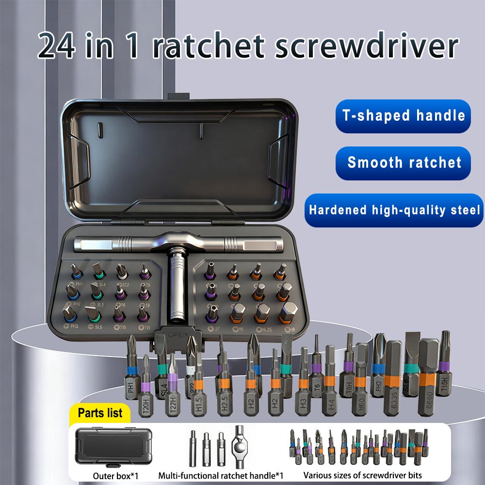 24 In 1 Magnetic Screwdriver Set Magnetic Compact and Portable Ratchet Screwdriver with Reversible High Torque Drive Handle