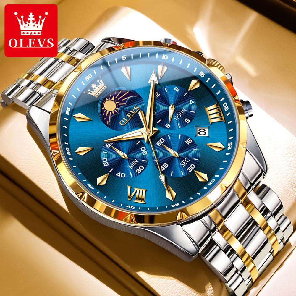 OLEVS Original Men's Watches New 7 Hands Multifunctional Quartz Watch for Men Steel Strap Moon Phase Chrono Waterproof Man Watch