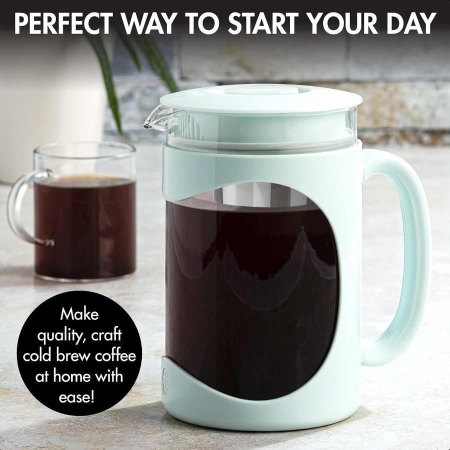 Burke Deluxe Cold Brew Iced Coffee Maker Comfort Grip Handle Durable Glass Carafe Removable Mesh Filter Perfect 6 Cup Size Dish