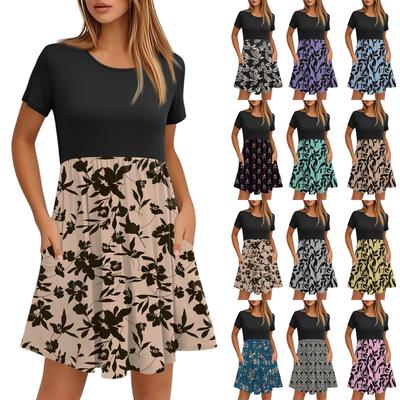 Женские модные повседневные свободные платья с круглым вырезом и коротким рукавом с принтом и карманами