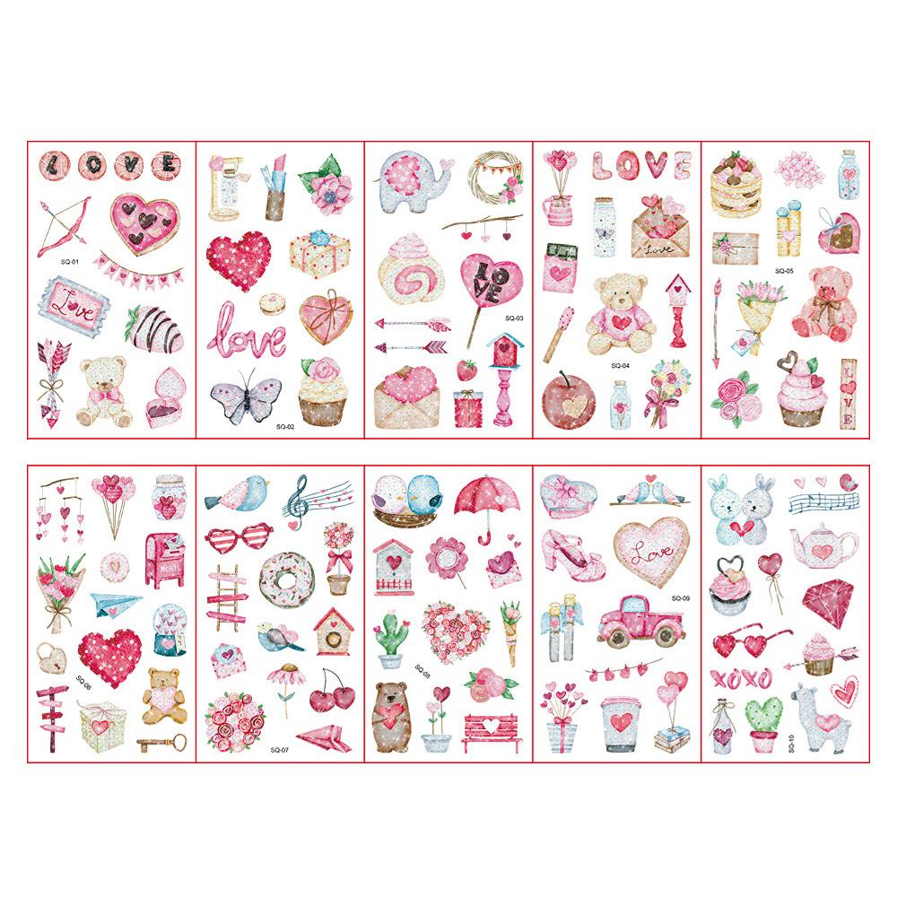 10 листов/набор красочные тату-наклейки с блестящей пудрой, мультяшные животные, единорог, принцесса, транспорт, временные поддельные татуировки для детей