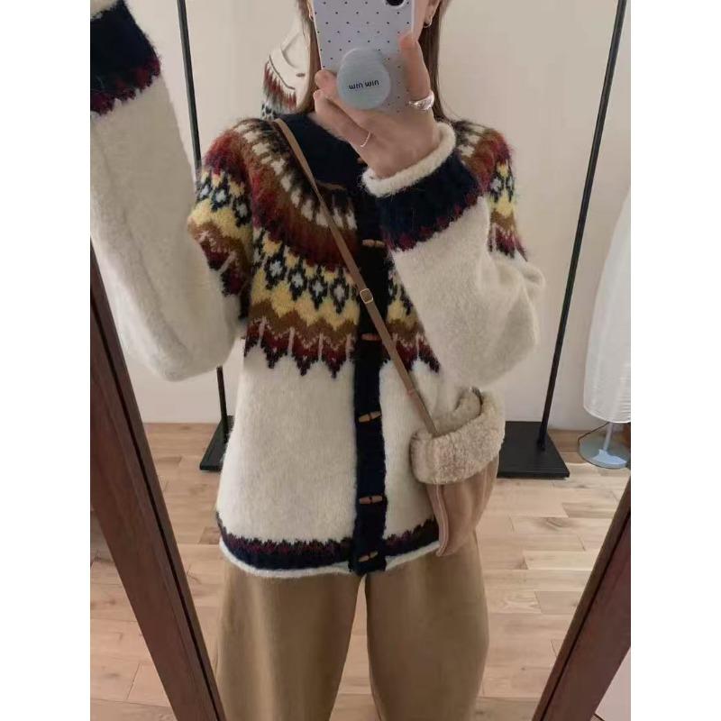 Жакет-свитер Fair Isle, женская одежда, осень и зима, новый свободный, с круглым вырезом, в стиле ретро, жаккардовый, на вязаной кардигане с пуговицами из рога