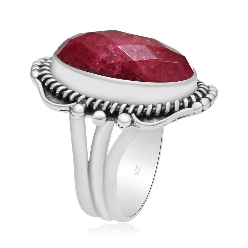 Natural Ruby Gemstone 925 Sterling Silver Trio Shank Beaded Ring For Women & Girls