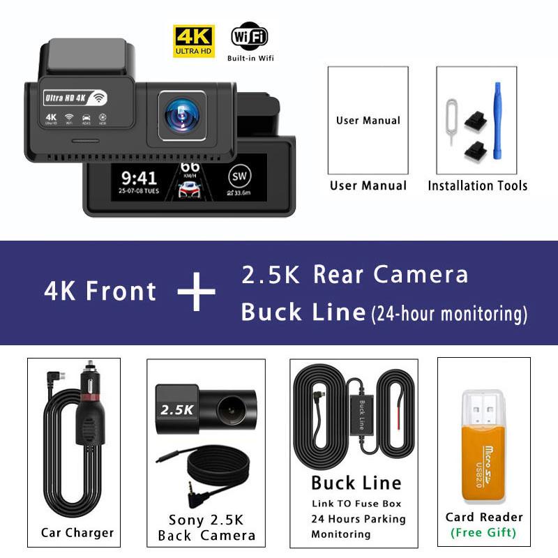 4K+2.5K Dash Cam Dual Lens 2160*3840P Recording Car Camera Built-In WiFi GPS DVR Dashcam Night Vision Video Recorder 24H Parking