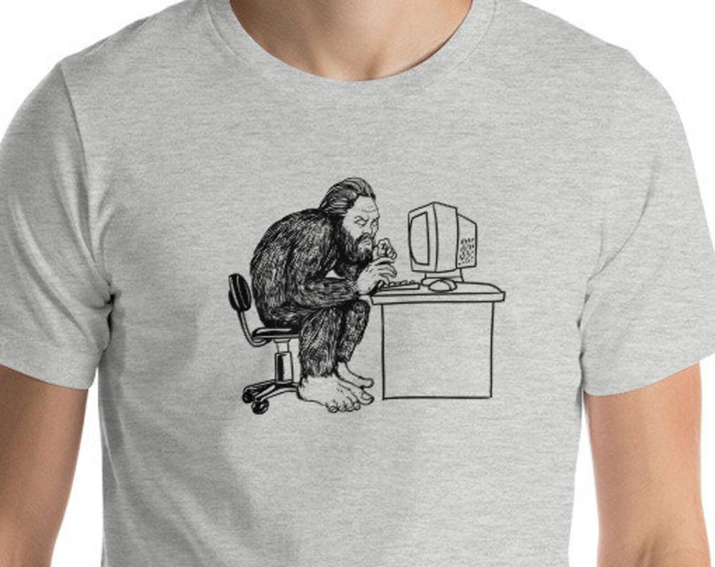 Computer Nerd shirt, Sasquatch tshirt, Bigfoot Yeti Short-Sleeve Unisex T-Shirt for office worker, home office tech geek