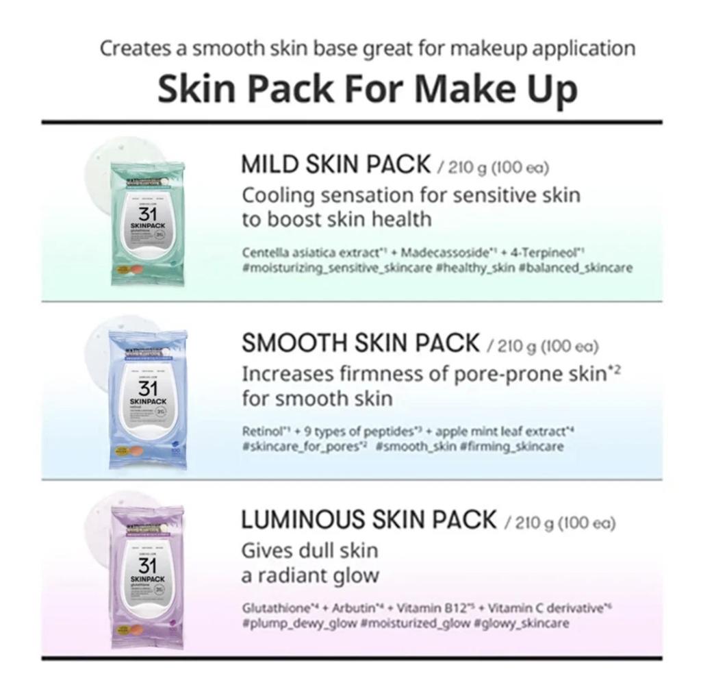 VT COSMETICS Mild 31℃ Skin Pack Glutathione 100ea - Instant Brightening & Soothing Toner Pads Infused with Glutathione & Peptides