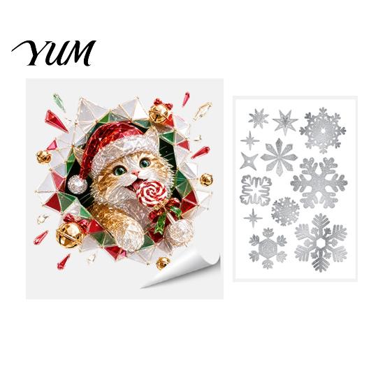 Self Adhesive Seasonal Decor 2Pcs Stained Glass Style Christmas Window Clings, Double?Sided Printed Xmas Static Reusable Ornament Stickers