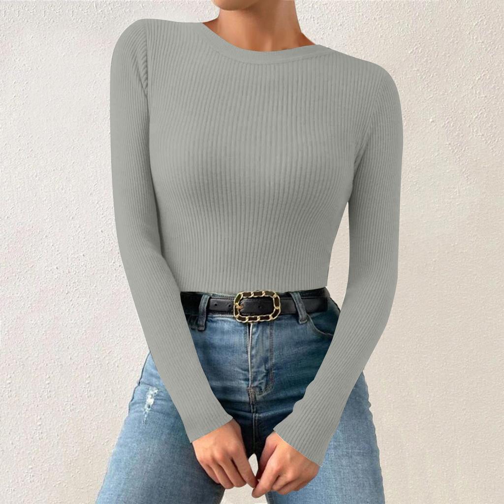 Женская однотонная футболка с круглым вырезом и вертикальными длинными рукавами