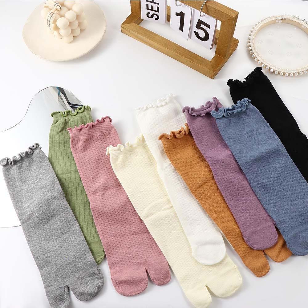 Candy Color Split Toe Cotton Ruffles Two Finger Socks Hosiery Two Toe Socks Middle Tube Socks