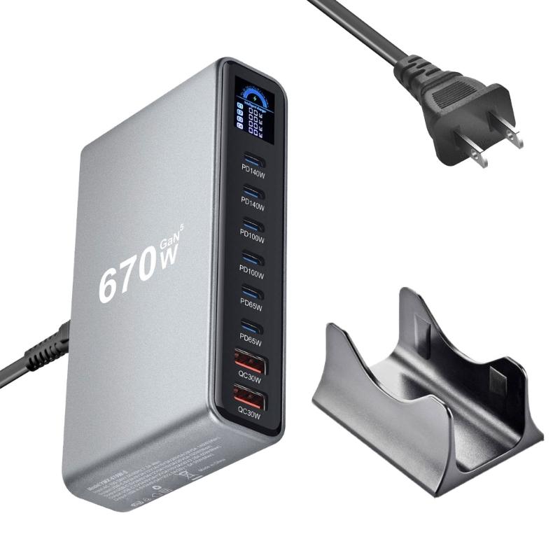 Многопортовая USB-C зарядная станция 140 Вт PD3.1 Быстрая зарядка Хаб с интеллектуальным распределением питания Для офиса Игровой установки