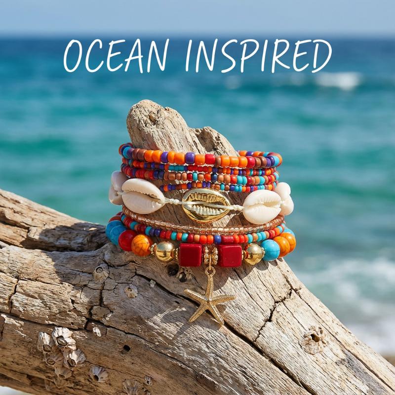 Boho Rice Beads Starfish Pendant Bracelets For Women Summer Ocean Beach Shell Charm Multilayer Bracelet Set