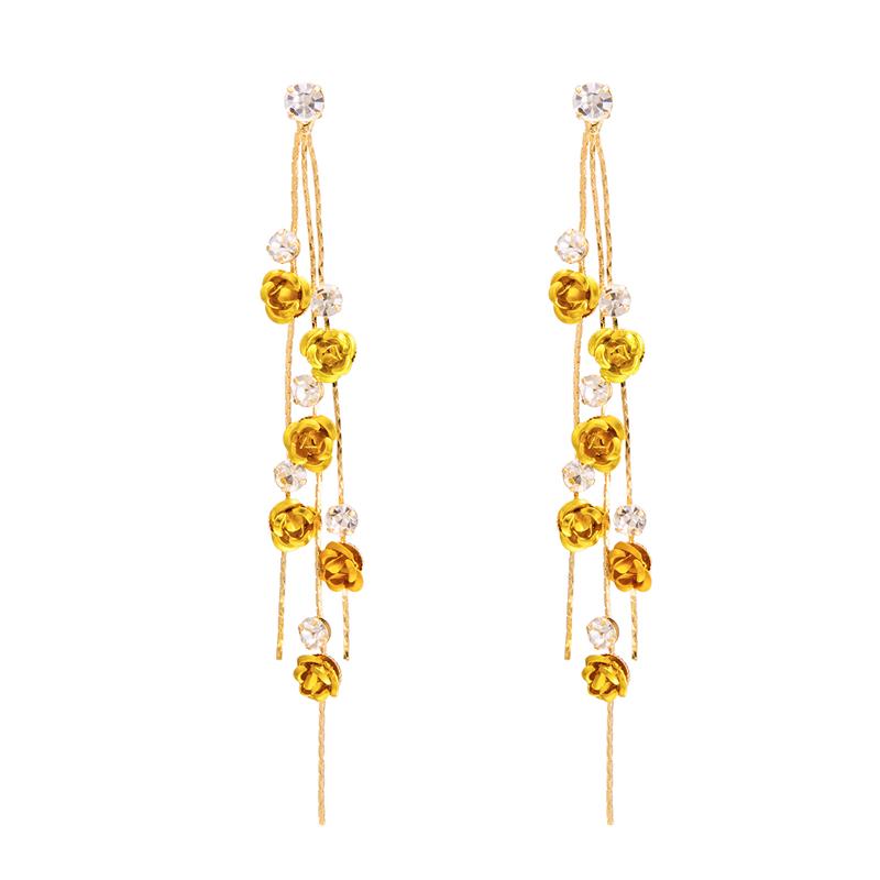 Темпераментная Женщина 2025 Модные Разноцветные Серьги с Розами Сплав Стразы Длинная Кисточка Элегантная Подвеска для Ушей Вечеринка Ювелирные Изделия Подарок