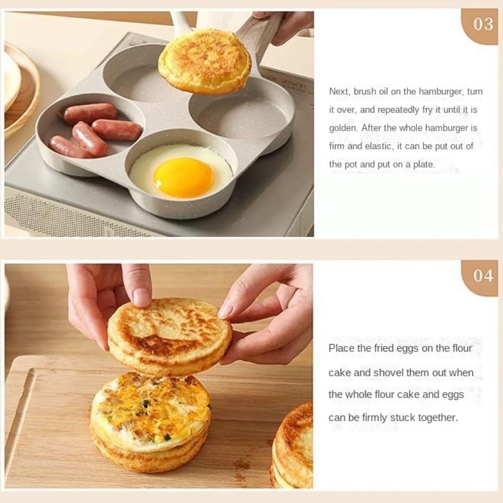 Сковорода для яиц с антипригарным покрытием, деревянная ручка, сковорода для омлета с четырьмя отверстиями, кастрюля для блинов и завтрака, кухонные принадлежности