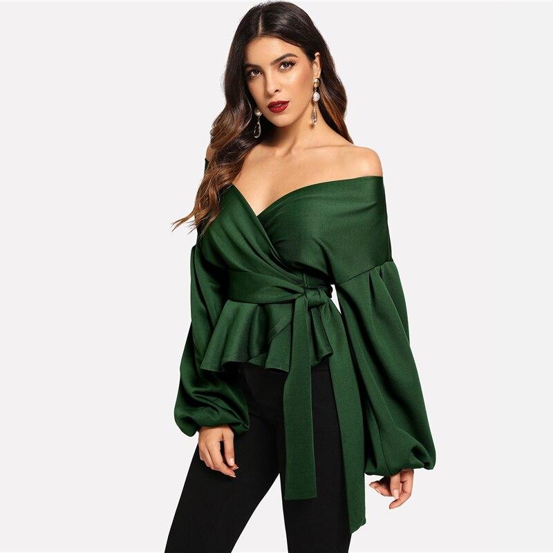 White Office Lady Elegant Lantern Sleeve Surplice Peplum Off the Shoulder Solid Blouse Sexy Women Tops And Blouses