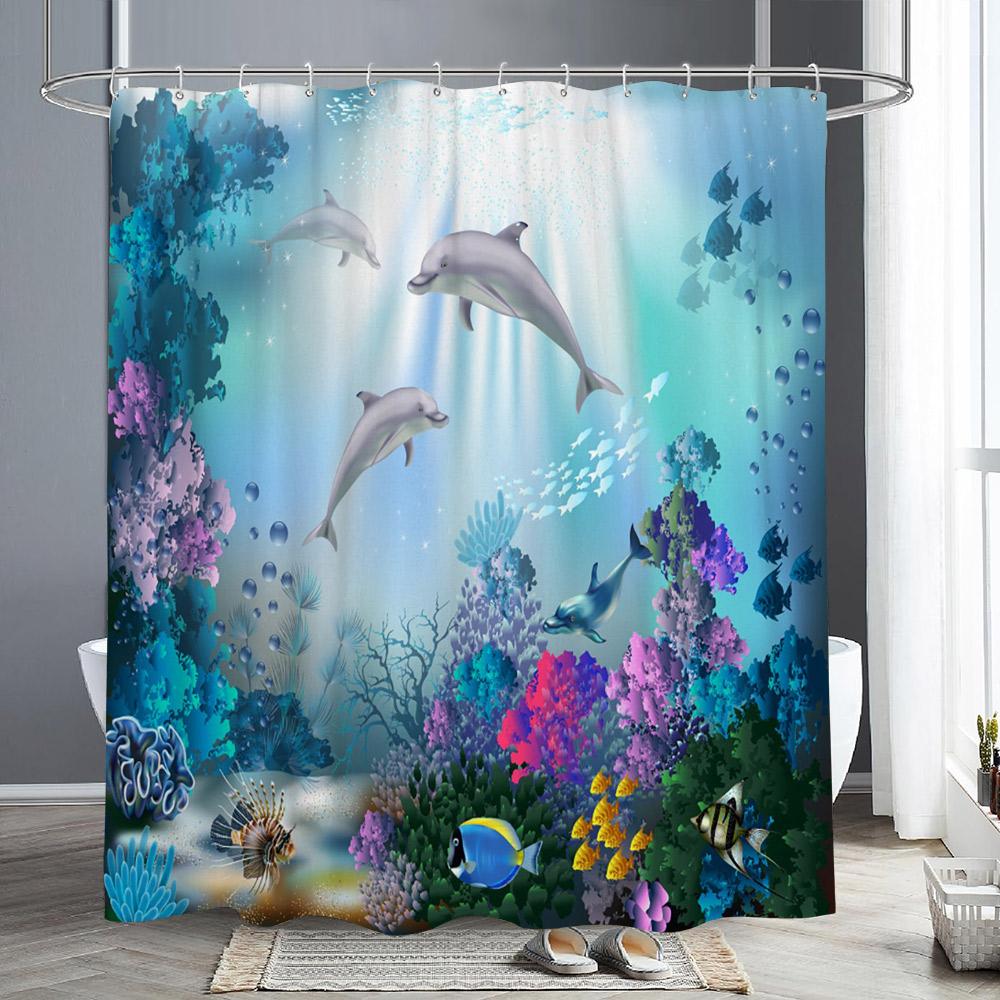 Шторки для душа с морскими животными Дельфин Морская черепаха Рыба Коралл Подводный пещерный пейзаж Ткань Детская занавеска для ванны Декор для ванной комнаты