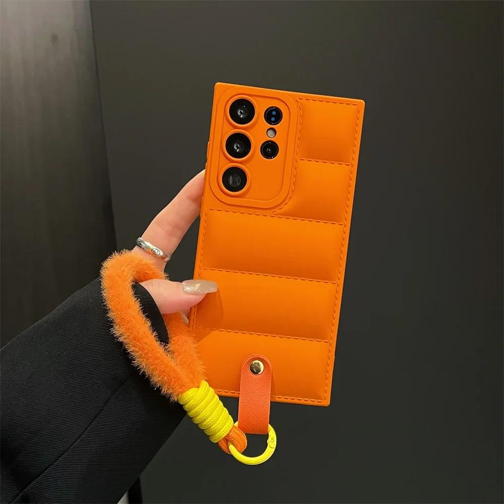 Down Jacket Lanyard Case for Samsung Galaxy S24 S23 S2 S26 Ultra S22 Plus S21 S20 FE A4 A A1 Hand Wrist Strap Cover