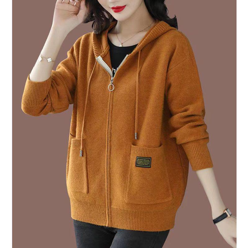 Women's Autumn 2024 Korean Style Hooded Cardigan Sweater Jacket - Zippered Knitted Fashion Top
