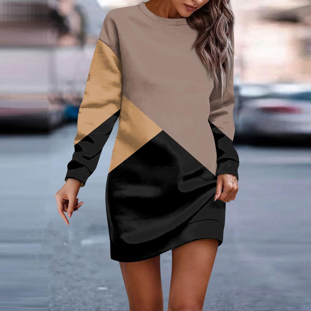 Женское платье с круглым вырезом и геометрическим узором в стиле пэчворк с длинными рукавами и бедрами, платья-толстовки