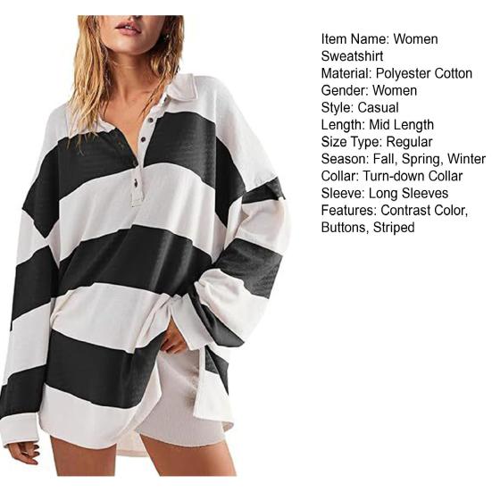 Yousheng Женская толстовка с цветными блоками, полосатым отложным воротником, длинными рукавами, пуговицами, свободным пуловером, повседневная домашняя одежда, спортивная одежда