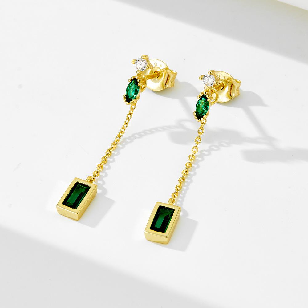 Fashion Jewelry Earrings 925 Sterling Silver Emerald Zircon Tassel Long Chain Gold Plated Stud Earrings Jewelry for Women