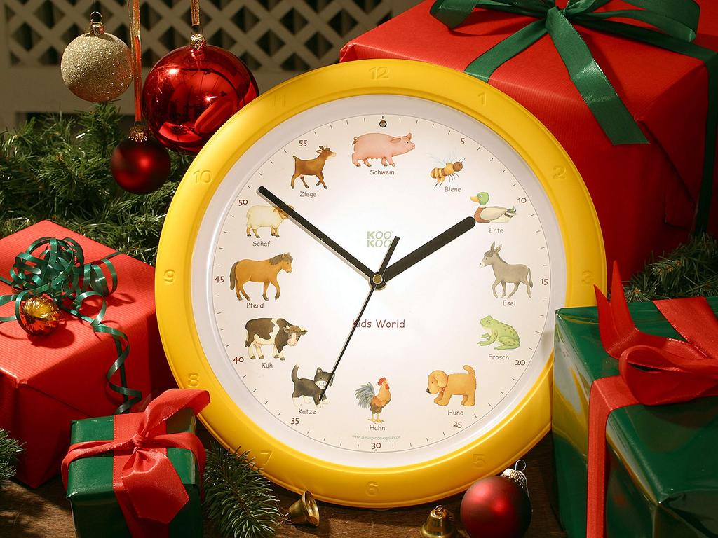 KOOKOO Мир Детей Желтые Звуки Животных Настенные Часы с 12 Фермерскими Животными, Показывающими Время, Милые Настенные Часы, Идеально для Детских Комнат, Успокаивающие Звуки