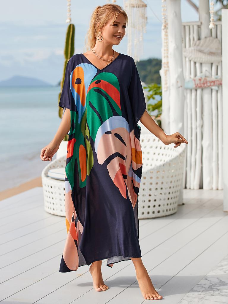 Maxi Dresses Leaf Printed Black Background Women Beach Kaftans Cover Ups for Swimwear Summer Holiday Bathing Suits