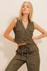 Women's Vest New Season Fashion Khaki Lined Darts Woven Wool Blend Vest