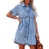 Short Sleeve Turn Down Collar Jean Dress Women Denim Shirt Dresses Single-breasted Casual Top Loose Ruffled Edge Women Dresses