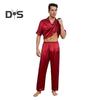 2Pcs/Set Silk Satin Men Pajama Set Notch Collar Button Down Pajama Top with Chest Pocket Elastic Waist Bottoms Set Sleepwear