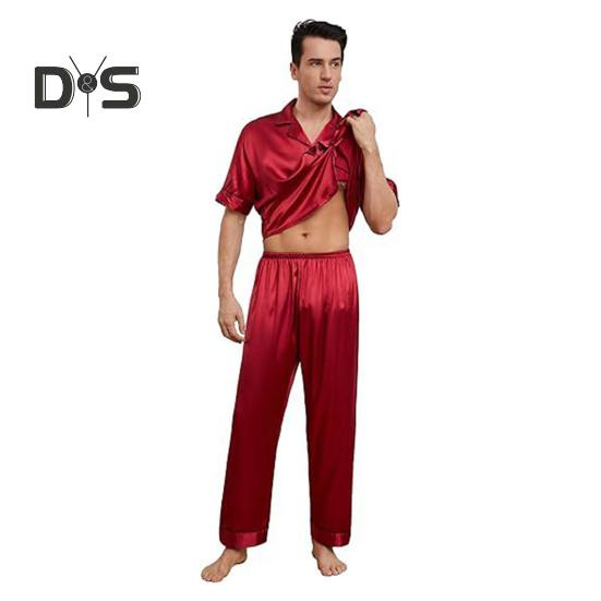 2 шт./компл. шелковый атласный мужской пижамный комплект с воротником-стойкой на пуговицах, верх пижамы с нагрудным карманом, эластичный пояс, комплект одежды для сна