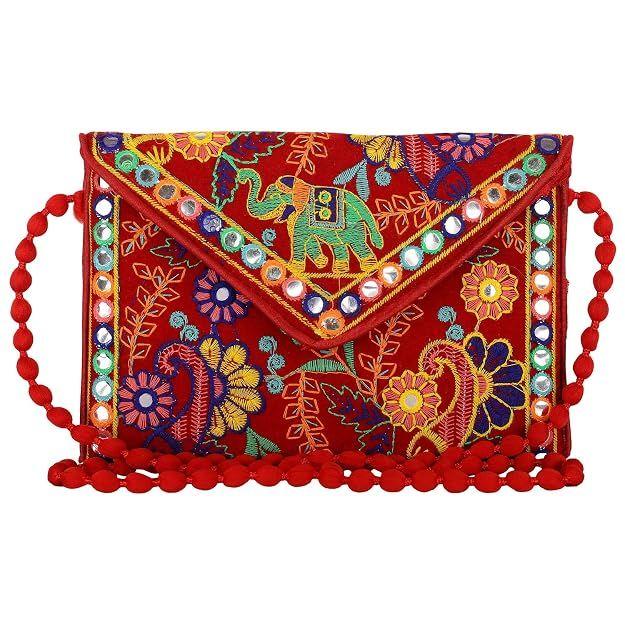 Clutch Bags for Women Jaipuri Rajasthani Handmade Embroidery Mirror Work Stylish Sling Bags for Women Cross Body Bags for Ladies and Girls - 22X16 Cm