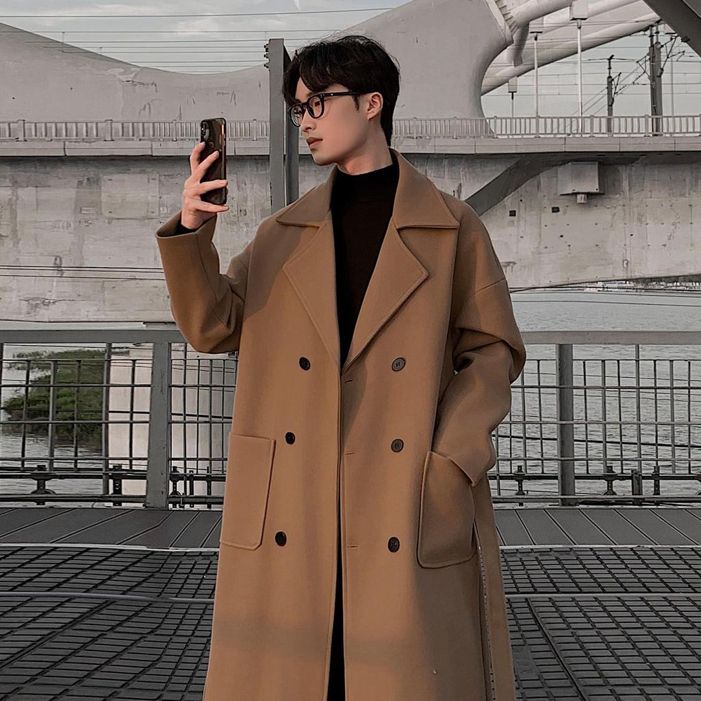 Мужское шерстяное пальто средней длины в корейском стиле - Осень/Зима, Утепленное, Длиной ниже колена, Свободного кроя