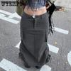 Серые, черные уличные длинные юбки с разрезом на шнурке, женские корейские базовые юбки-карго с высокой талией, женские наряды в стиле Харадзюку Y2K