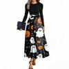 Women's Fashion Casual Belted Long Sleeve Round Neck Halloween Printed Elegant Temperament Dresses