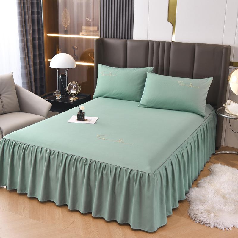 Solid Color New Light Luxury Simple Embroidered Single Bed Skirt Bed Sheet Non-slip Bedspread Four Seasons Princess Style Single Piece