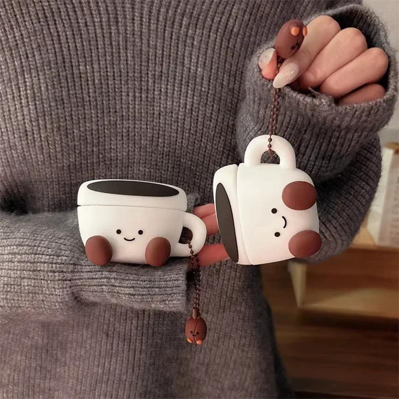 Earphone Case For Airpods 4 3 2 1 Cartoon Cute 3D Smiling Face Coffee Cup Soft -drop Cover Silicone Headphone Accessories
