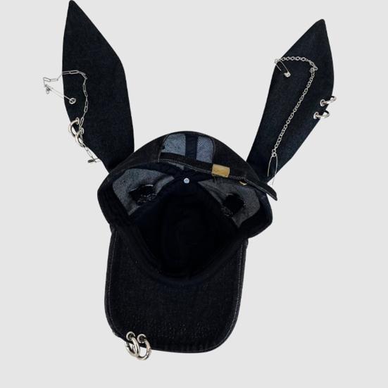 Темная джинсовая бейсболка в стиле панк, регулируемая джинсовая кепка с потертым дизайном и металлическими кольцами, 3D-уши кролика, уличный аксессуар