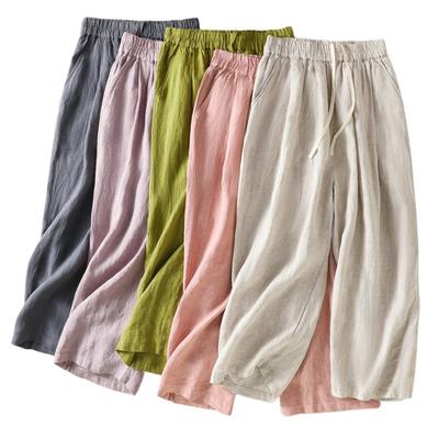 Реальное фото летние новые литературные и ретро хлопково-льняные брюки-шаровары с широкими штанинами, свободные повседневные брюки длиной девять точек, женская одежда