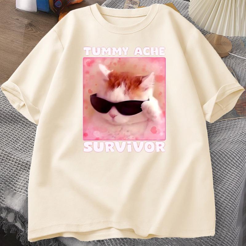 Tummy Ache Survivor Funny Cat Meme Tshirt Unisex Women Silly Stupid Cat Tee Shirt Unisexs Short Sleeve T Shirts Cotton Oversized Top