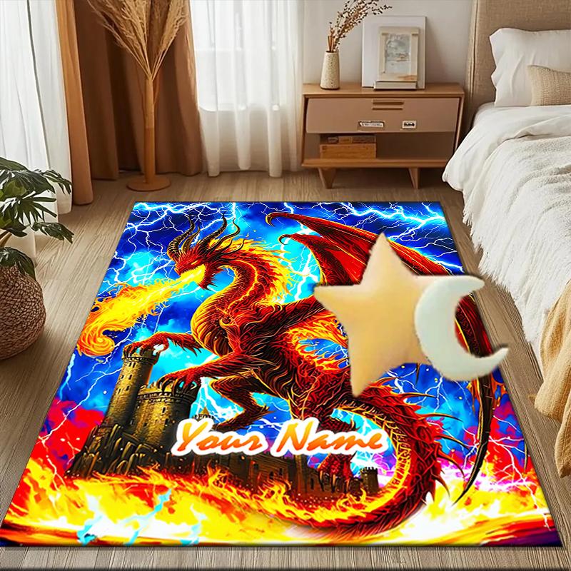 1PC Custom Name Fire Dragon Fantasy Art Theme Floor Mat Ideal for Living Room, Game Rooms, Office, Bedroom Floor Mat Playful Design